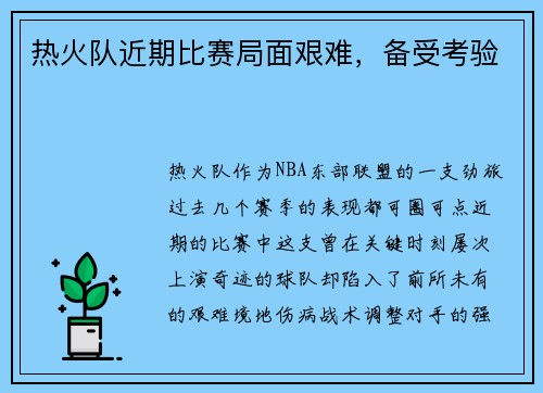 热火队近期比赛局面艰难，备受考验