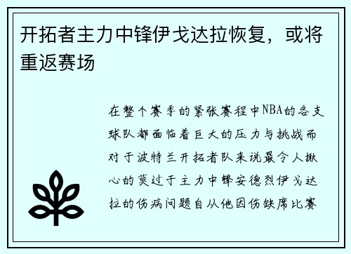 开拓者主力中锋伊戈达拉恢复，或将重返赛场